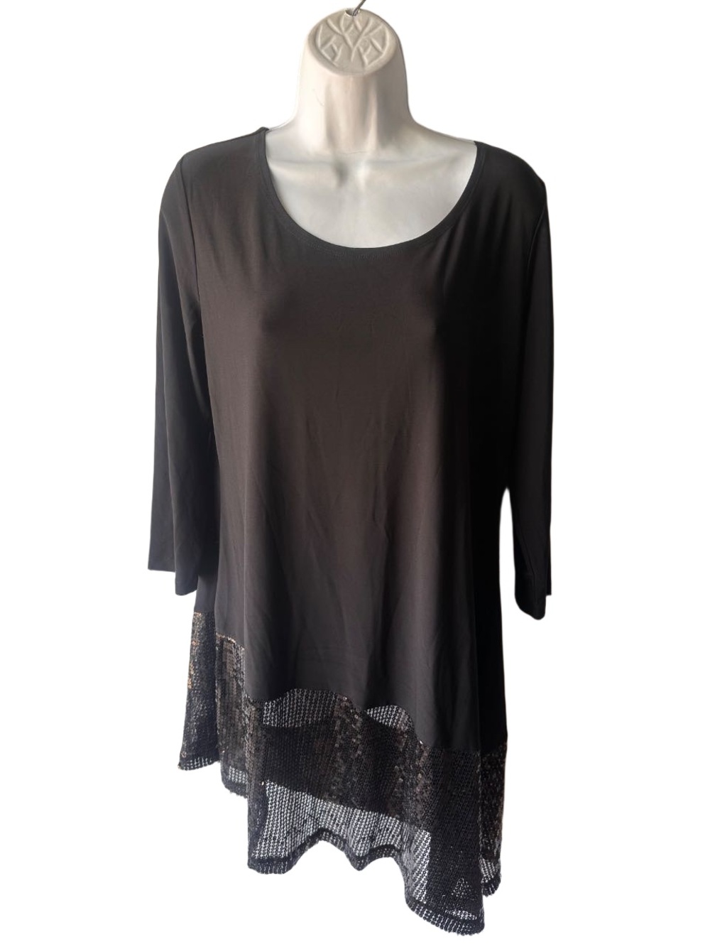 Cato Black Long Sleeve Tunic Top Round Neck Asymmetric Sequined Lace Trim Size L